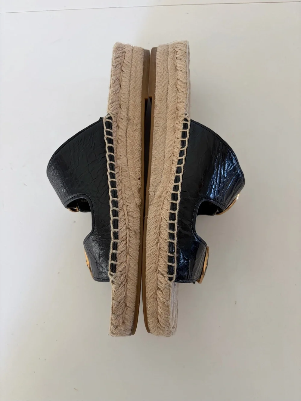 Tory Burch Selby Black Patent Leather & Jute Double Buckle Slide Sandals Size 8‎